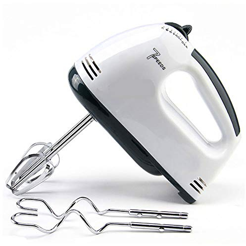 T&F Mixer Batteur électrique avec 2 crochets pétrisseurs et 2 fouets, 150 W, 7 vitesses, blanc, pour gâteaux et pain, pâtisserie, œufs, fouet, crème