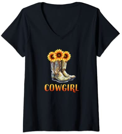 Donna Stivali Cowgirl E Girasole Maglietta con Collo a V