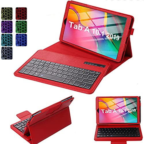 QYiD Funda de teclado para Galaxy Tab A 10.1 2019 SM-T510/T515, delgada, ligera, con función atril, 7 colores, teclado inalámbrico desmontable retroiluminado para Samsung Tab A 10.1 2019, rojo