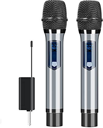 Liudan Microphone Professional Wireless Microphone for Singing Metal Dual UHF Cordless Dynamic Mic Handheld Microphone System,1/4 and 1/8 Output Handheld Microphone (Quantity : Two)