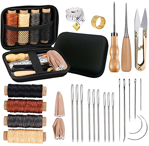 IVODEELA 29 Pcs Leather Sewing Kit, Leather Tool Kit with Needles, Waxed Thread, Thimble, Awl and Storage Bag, Blue