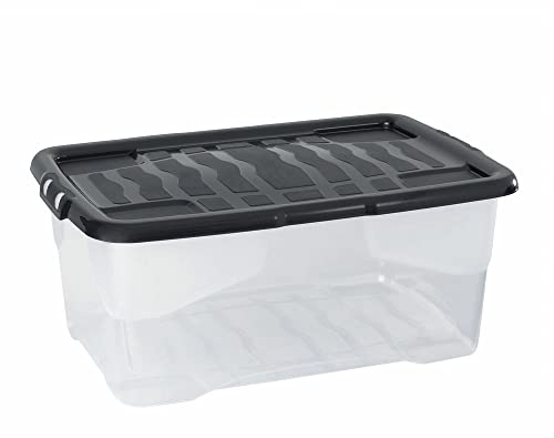 3 Stück - Strata Curve Aufbewahrungsbox mit schwarzem Deckel, 42 Liter, 60x40x25cm - transparent