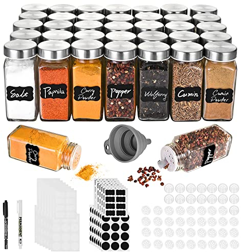 Miorkly 35 Square Spice Jars with Shaker Insert, Stainless Steel Lid Spice Jars Set 120 ml, Spice Set, Spice Shaker Glass, Kitchen Storage & Organisation, Spice Organiser
