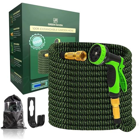 Green Haven Expandable Garden Hose Pipe 100ft - Durable No-Kink Flexi Hose with 8 Spray Modes, Triple Latex Core, Brass Fittings - Lightweight, Leakproof, Easy to Use & Store - Garden & Outdoor Use
