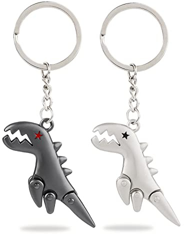 Vspek Schlüsselanhänger Paar, 2 Stück Dinosaurier-Schlüsselanhänger aus Metall Frauen Männer, Niedlicher Dinosaurier Glücksbringer Geschenk für Valentinstag, Geburtstag, Weihnachten und Jahrestag