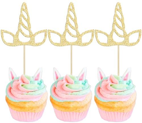 Gyufise 24Pcs Unicorn Horn Cupcake Toppers Gold Glitter Unicorn Cupcake Picks for Unicorn Theme Baby Shower Birthday Wedding Engagement Party Cake Decorations Supplies