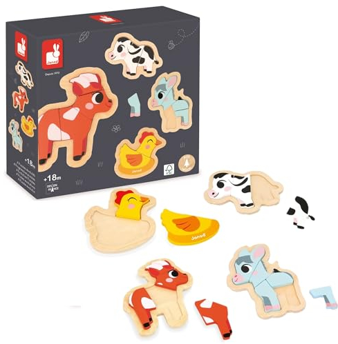Janod - 4 Holzpuzzle mit 2 bis 5 Teilen - Puzzle zum Thema Bauernhoftiere - Spielzeuge für Kinder - Pädagogische Spiele - Baby- und Kleinkindspielzeug - Ab 18 Monaten, J07114