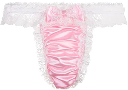 Satini Satin Dentelle froufroutante efféminé String Tanga Caleçons Slips Culottes sous-vêtements (Rose Clair - Blanc, L)