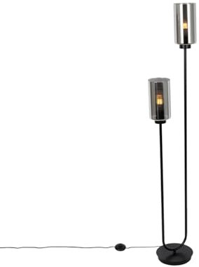 Qazqa - Art Deco Art-Deco-Stehleuchte I Stehlampe I Standleuchte I Lampe I Leuchte schwarz mit Rauchglas 2-flammig – Laura I Wohnzimmer I Schlafzimmer - Länglich - LED geeignet E27