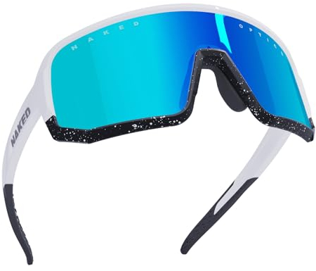 NAKED Optics VOLT Sportbrille Herren, Fahrradbrille Damen, Sport Sonnenbrille mit UV400 Schutz, Schnelle Brille, Rennrad Radbrille, Laufbrille, wechselbare Gläser (Weiß (Blaues Glas) - BlackDots)
