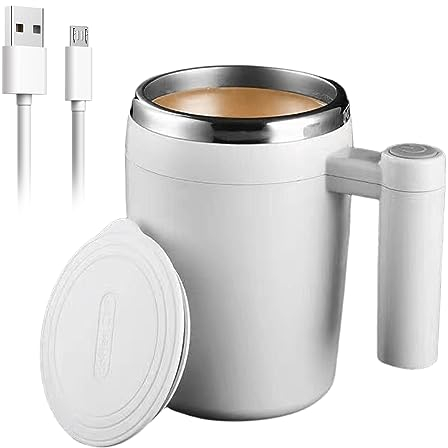 Leikurvo Taza Autoagitable Eléctrica de 380 ml - Mezcla Magnética Automática, Acero Inoxidable Con Tapa para Café, Té, Zumo, Leche, Cacao (Blanco)