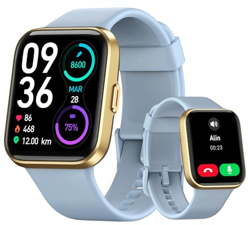Tensky Smartwatch Herren Damen mit Telefonfunktion 1,8'' Alexa Integriert Fitnessuhr 100 Sportmodi, Pulsmesser, SpO2 Stress Schlafmonitor, IP68 Wasserdicht Schrittzähler für Android iOS Blau