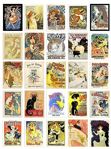 Artery8 50 Pcs Old French Advertising Aesthetic Collage Kit Wall Art Prints A6 Pack 14.8 x 10.5 cm (5.8 x 4.1) Room Decor Poster Collection Folies Bergere Moulin Rouge