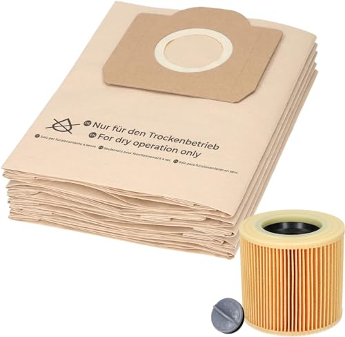 Recamania Kit de 5 Bolsas de aspiradora y 1 Filtro de Cartucho Adecuado para aspiradoras Multiusos Kärcher de Las Series WD3 y MV3