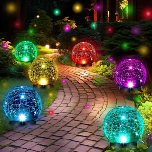 Glooglitter 6pc Extra Large Solar Globes Outdoor Cracked Glass Ball Crstl Multi-Color Pre Lit Glob Light Waterproof Yard Lawn Garden Decor (4.72)