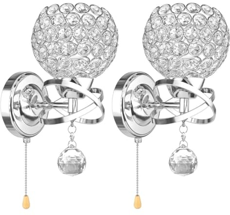 ALLOMN Wall Lights for Living Room Crystal Wall Lamp 2 PC, Indoor Wall Lighting Modern Wall Lamp with Pendant for Bedroom Hallway E14 Socket, Wedding New Room Lighting (Silver-Pull Cord, 2 PC)