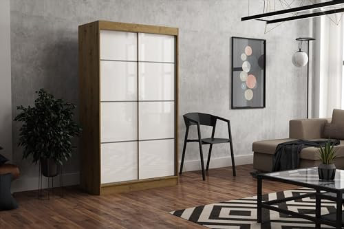 Brent - Kleiderschrank Schiebetüren July, 100cm Breit, Schlafzimmerschrank mit 1 Kleiderstange und Einlegeböden für Kleidung, Kleiderschrank Artisan Eiche/Weiß Hochglanz