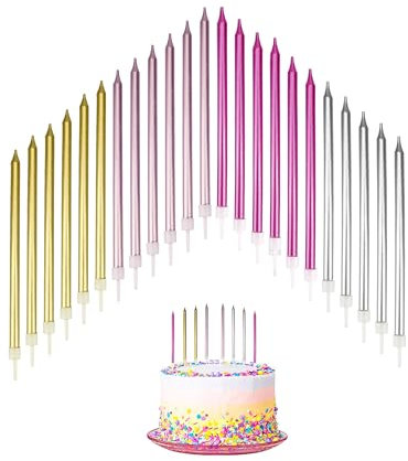 24 PCS Birthday Candles for Cakes, Cake Sparklers with Holders, 13.5CM Long Cake Candles, for Baby Birthday Wedding Party Decoration, Birthday Cake Candles (Gold & Silver & Rose Gold & Pink)