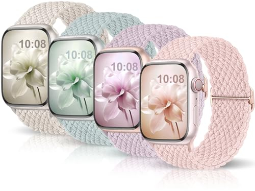Jiamus 4 Stück Geflochtenes Armband Kompatibel mit Apple Watch Armband 38mm 40mm 41mm 42mm(series 10) Herren Damen,Elastisch Solo Loop Armband für iWatch SE Ultra Series10 9 8 7 6 5 4 3 2 1
