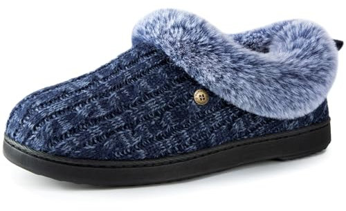 HomeTop Women's Cable Knit Slippers Breathable Warm Comfy Non-slip Indoor Outdoor House Shoes with Fuzzy Collar Navy, 7-8 UK
