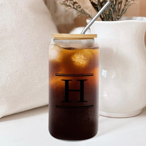 Yelolyio Bicchieri con coperchio in bambù Monogramma Lettera H Tazza in vetro personalizzato cognome famiglia carino tazze di vetro lettere dell'alfabeto tazze grandi per caffè freddo cocktail succo