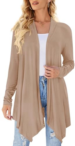 Cardigan da donna drappeggiato aperto sul davanti casual a maniche lunghe leggero cardigan maglioni spolverino, Colore: kaki., M