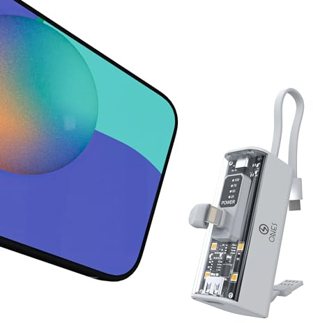 ONES Power Bank, 5000mAh Powerbank Klein Portable Ladegerät Externe Handyakkus with LED Display, Kompatibel mit iPhone 16 15 14 13 12 11 Samsung und mehr, Lighting-Stecker & USB-C-Kabel, Weiß