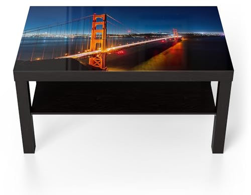 DEQORI Glastisch | schwarz groß 90x50 cm | Motiv San Francisco bei Nacht | ausgefallener Beistelltisch aus Glas | Hochglanz Couchtisch fürs Wohnzimmer | moderner Couch Tisch mit Design