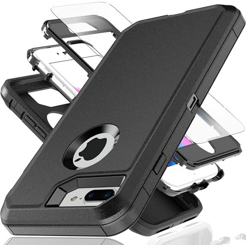YmhxcY for iPhone 8 Plus Case iPhone 7 Plus Case 5.5-Inch with Explosion-Proof Screen Protector,3 in 1 Shockproof TPU Hard PC Bumper Drop-Proof Shell for iPhone 7+/8+-Black