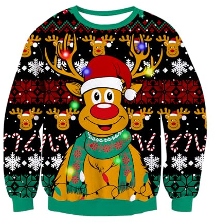 Freshhoodies Unisex Maglione Natalizio con Illuminato A LED Renna Divertente Retro Neve Maglione Lavorato A Maglia di Natale S