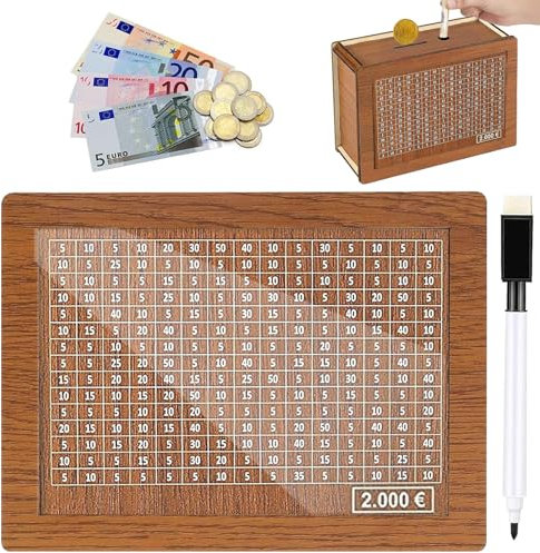 Spardose aus Holz, Sparziel und Zahlen zum Ankreuzen,sparbox mit Zahlen ankreuzen, sparschwein aus Holz mit zähler, spardose, Wiederverwendbare Spardose, für Sparziel (2000€)