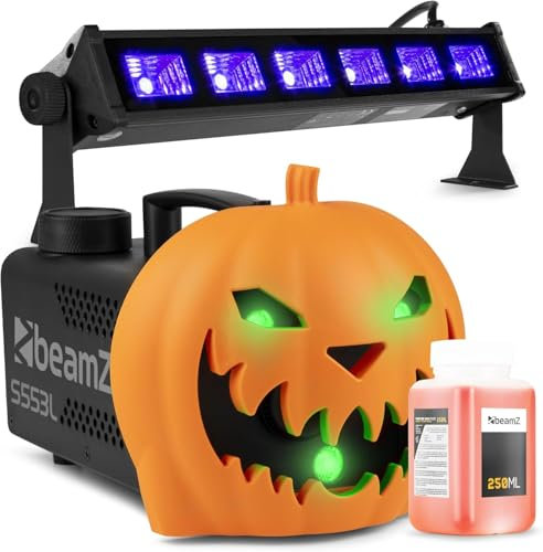 Pack Soirée Halloween - Machine à Fumée avec Citrouille Animée et Lumière Noire BUV63 - Ambiance Effrayante pour une Soirée Unique, Exclusivité BeamZ 2024, Liquide Inclus