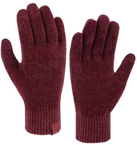 Bequemer Laden Winter Warm Damen Handschuhe Chenille Touchscreen Winterhandschuhe Strickhandschuhe mit Elastisch Manschette Frauen Geschenk, Weinrot