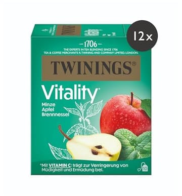 Twinings VITALITY Pfefferminztee mit Apfel & Brennnessel mit Vitamin C - fruchtige Kräutertee Mischung zur natürlichen Unterstützung von Energie & Vitalität, 12er Pack (je 10 Beutel)
