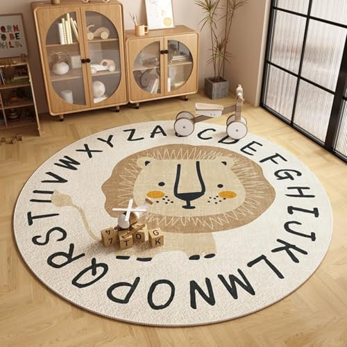 champracer Kinderteppich Rund Deko, Teppich Kurzflor Rund Löwe Kopf, Teppich Groß fürs Babyzimmer Kleinkinderzimmer Wohnzimmer Schlafzimmer,Muster Modern Teppich (Löwe,100cm)