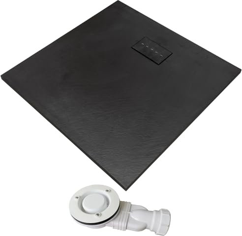 Thermopanel SMC Black Shower Trays Base Slate Stone Effect Textured Non Slip with Low Profile Waste and SMC Holes Cover - 1700 x 700mm