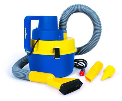 GoodYear Bidone Aspirapolvere 12V-120W Doppia Presa Aspirazione e Gonfiaggio 23983, Auto, Giallo e Blu, 120 W, 3.5 Litri