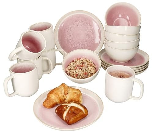 MamboCat Reactive Glaze Paris 18tlg Frühstücksset I Creme & Pink I 6 Personen I Steingut-Geschirr für Frühstücks- & Kaffeezeit I Je 6x Teller, Schalen & Becher