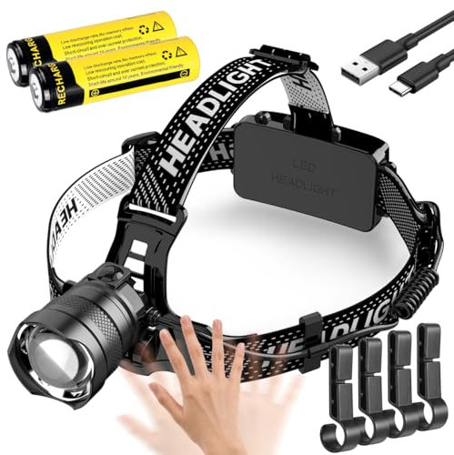 NAKCNM Stirnlampe mit Bewegungssensor Rücklicht, Kopflampe Stirnlampe LED Wiederaufladbar, Headlamp 15000 Lumen Extrem Hell, 3 Modi, 90° Drehbarer & Zoombarer Kopf, Wasserdicht für Wandern Angeln