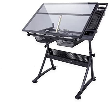 YXFAZPP Verstellbarer Zeichentisch, um 80° neigbare Zeichentischplatte mit gehärtetem Glas, Zeichentisch, Künstlerschreibtisch mit 2 Schubladen, Kunsttisch für Erwachsene, Zuhause
