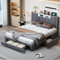 ADFUNIT Polsterbett 140x200 cm mit LED und USB, Doppelbett mit 3 Schubladen, Boxspringbett Rückenlehne Bettgestell mit Stauraum und Lattenrost, Jugendbett, Samt, Grau, Ohne Matratze
