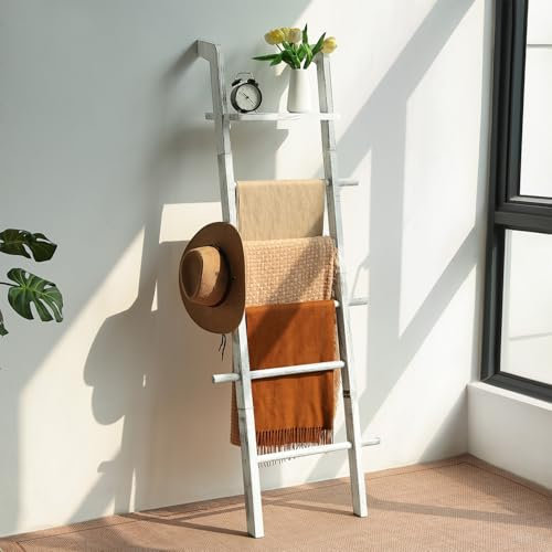 Taozun 67-Inch Farmhouse Blanket Ladder with Shelf and Hooks, 5-Tier Wooden Wall Leaning Towel Quilt Rack Holder for Living Room Decor