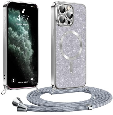 Phoona handyband Hülle für iPhone 11 Pro Max mit Band, Glitzer Handyhülle Kompatibel mit MagSafe, Ganzkörperschutz Kratzfeste Stossfest Schutzhülle mit Einstellbar Kette, Silber