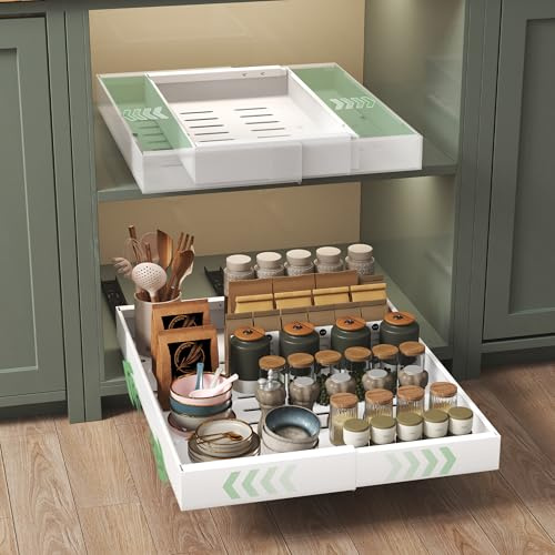 NETEL 2 Stück Teleskopschublade Ohne Bohren,ausziehbare schublade küche | schubladen organizer küche，küchenschrank organizer，telescopic drawer，Kleben oder Schrauben，32-52cm Breite, 50cm Tiefe，Weiß