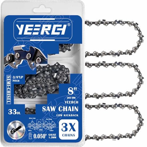 Yeerch 8 Inch Chainsaw Chain 3/8 LP Pitch .050 Gauge 33 Drive Links, Premium 8 Inch Chain Saw Chains Fits for Portland, Greenworks, Kobalt, Remington, Sun Joe and More (3 Chains, Semi-Chisel)