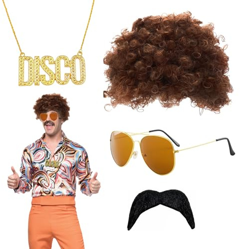 QSZHSL 4 Stück Hippie Kostüm Set, 70er 80er Jahre Verkleidung Hippie Outfit, 70er Jahre Bekleidung Herren, Vokuhila Perücke Herren, Afro Perücke für 70er Jahre Disco Cosplay, Kostümfeste (4 Stück)