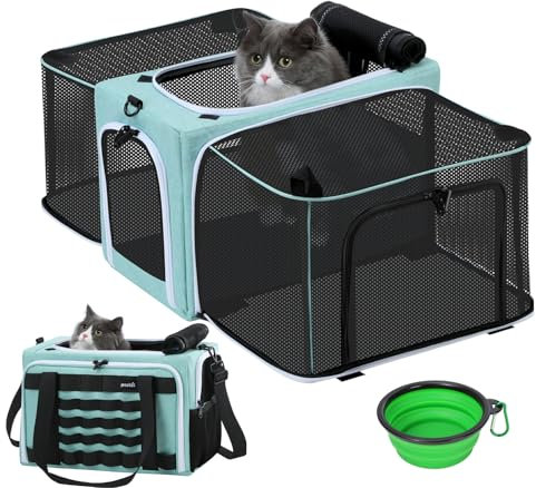 pecute Katzentransportbox Erweiterbar Katzenbox für 2 KatzenTransportbox Katze Groß, Hund Welpen, Faltbar Hundetransportbox Zusammenklappbare Transporttasche Katze Transport, Aquagrün