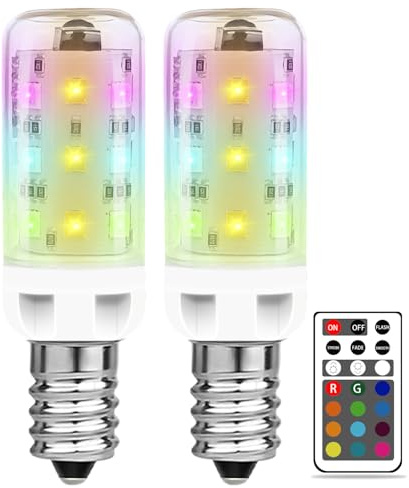 MDee E14 LED Light Bulb Colour Changing with Remote, 2.5W SES Small Edison Screw Bulb, Dimmable RGB + 3000K Warm White, Memory Function, Slim Design for Bedroom Chandelier Wall Lamps, 2 Pack
