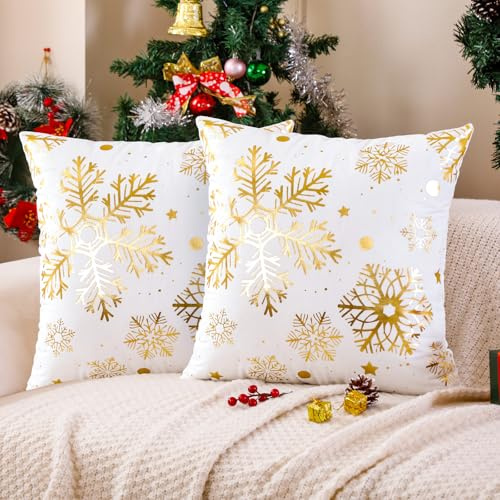Miuyunya 2er Set Weiß Kissenbezug Weihnachten 50x50 Weihnachtskissen Samt Kissenbezüge Weihnachtsdeko Gold Schneeflocke Kissenhülle Weihnachts Kissen Dekorative für Sofa Wohnzimmer Zimmer Winter