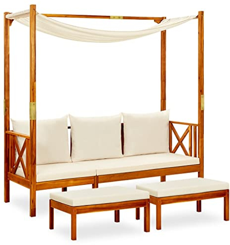 QJBSAVVA Gartenbank mit Sonnendach und Hockern aus massiver Akazie Creme Kissen Wetterbeständige Outdoor Sitzgruppe für Balkon Garten und Terrasse